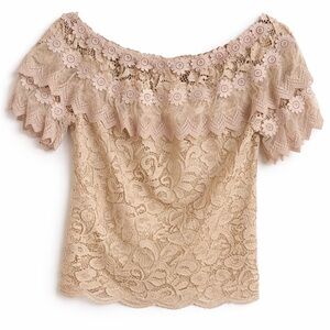Love Nation Beige Lace Off Shoulder Top Boho Floral Crochet Romantic Blouse
